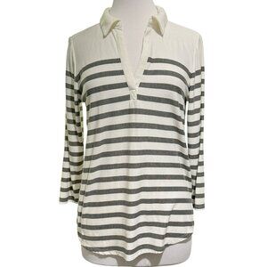 Bobeau Gray & White Striped Polo 3/4 Sleeve Collared Pullover Sz Lg  Casual Comf